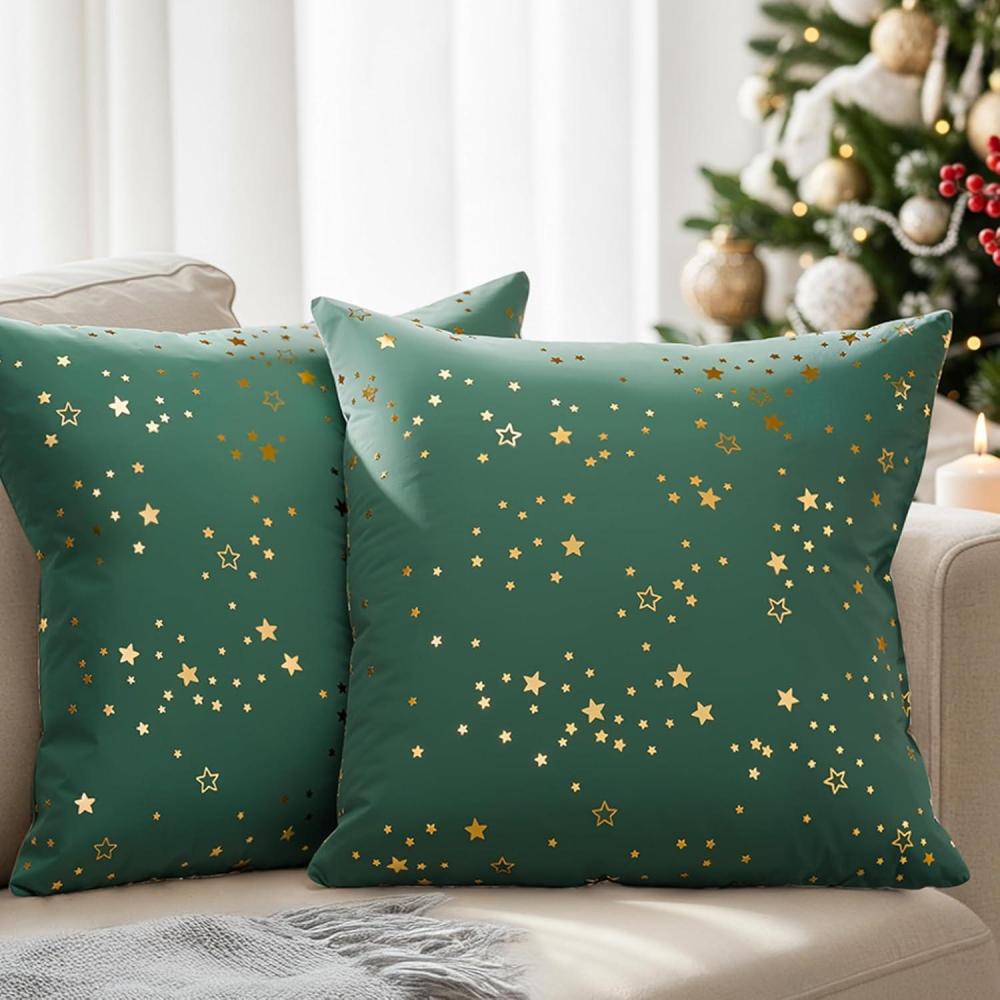 imageChristmas Pillowcases 18x18  Christmas Pillow Covers Set of 2  Xmas Couch Pillowcases for Living Room  BedSized Holiday Throw Pillow Covers  Cozy Winter Home Decor  Gold Foil Cushion Cases  Red09  Xmas Stars Foil Green