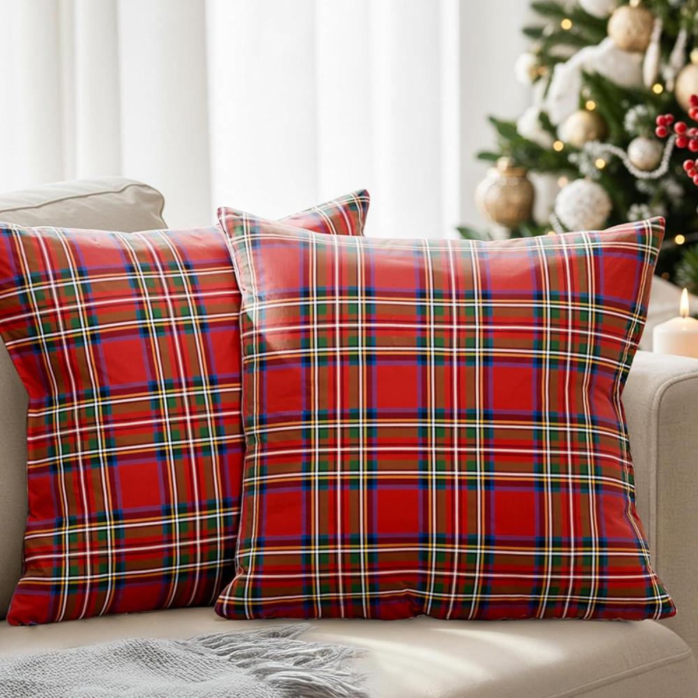 imageChristmas Pillowcases 18x18  Christmas Pillow Covers Set of 2  Xmas Couch Pillowcases for Living Room  BedSized Holiday Throw Pillow Covers  Cozy Winter Home Decor  Gold Foil Cushion Cases  Red05  Tartan