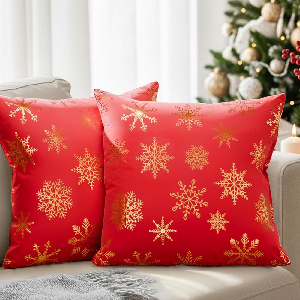 imageChristmas Pillowcases 18x18  Christmas Pillow Covers Set of 2  Xmas Couch Pillowcases for Living Room  BedSized Holiday Throw Pillow Covers  Cozy Winter Home Decor  Gold Foil Cushion Cases  Red08  Xmas Snowflakes Foil Red