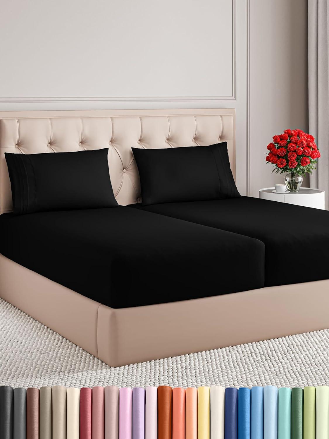 imageQueen Size 4 Piece Sheet Set Comfy Breathable ampamp Cooling Bed Sheets Set Hotel Luxury Bedding for Women Men Kids Teens Boys ampamp Girls Deep Pockets UltraSoft Wrinkle Free OekoTex Coral25 Black
