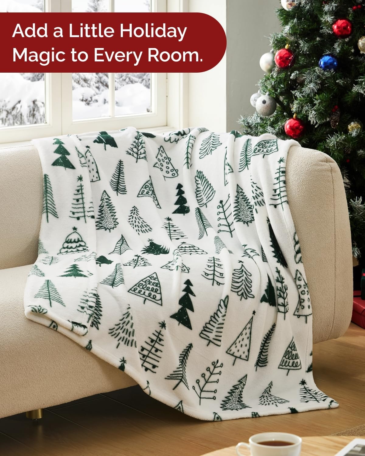 image:imageCGK Christmas Fleece Blanket Throw Size Flannel Throw Red Flakes 50x6051 Sketched Trees