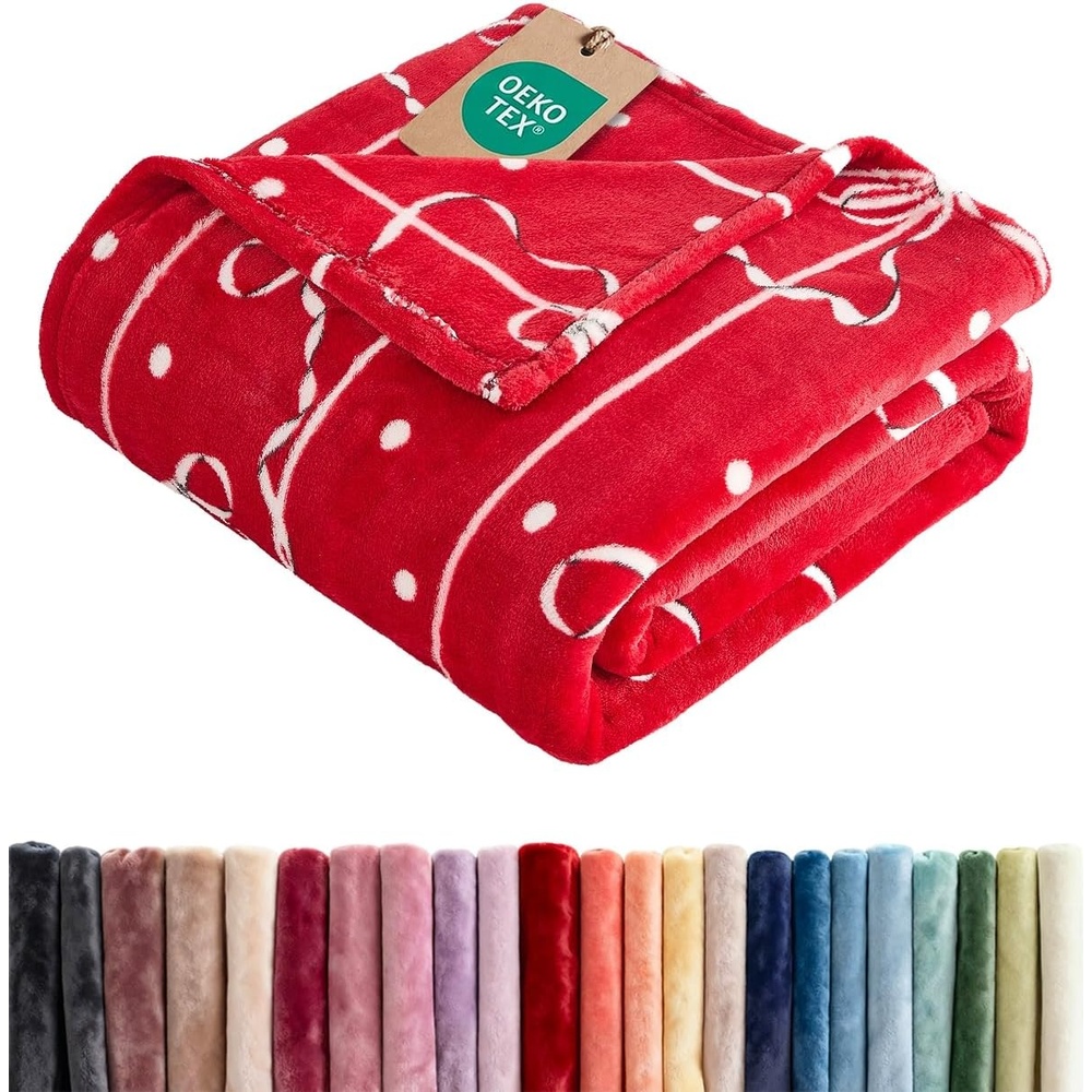 image:imageCGK Christmas Fleece Blanket Throw Size  Flannel Throw  Red Flakes 50x6048  Ivory Bows